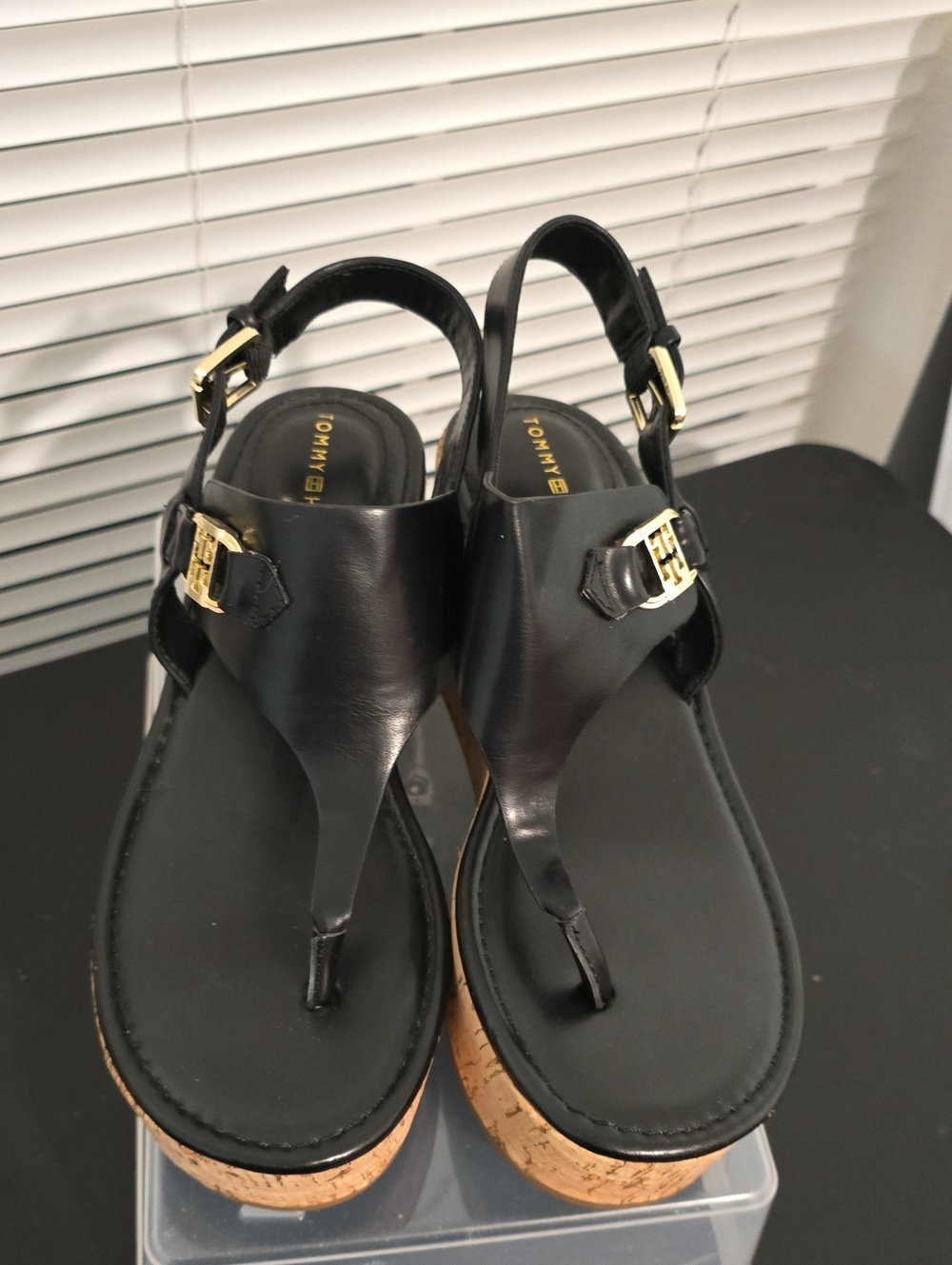 Tommy Hilfiger Black Leather Cork Wedge Thong Sandals with Gold Hardware